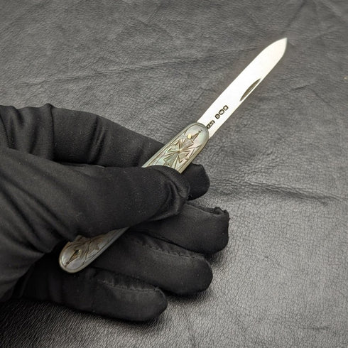 1921 British Antique White Pearl Shell Engraving Handle Pure Silver Blade Folding Pen Knife